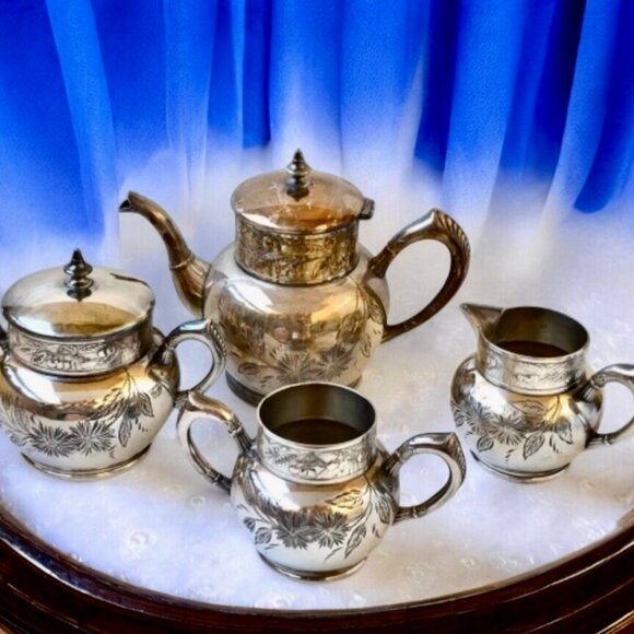 Antique C Rogers & Bros Tea Coffee Set Sugar & Creamer 4 Pieces Silverplate - Picture 16 of 16